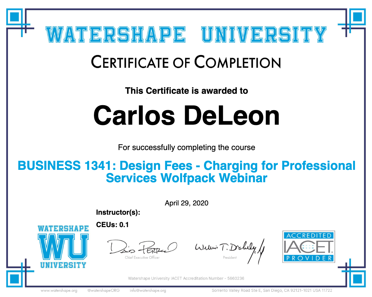 BUSINESS 1341: Design Fees - Charging for Professional Services Wolfpack Webinar Certificate