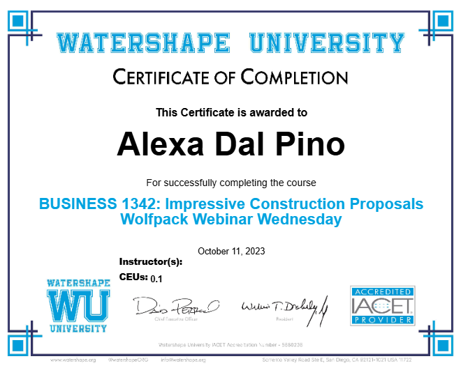 BUSINESS 1342: Impressive Construction Proposals Wolfpack Webinar Wednesday Certificate