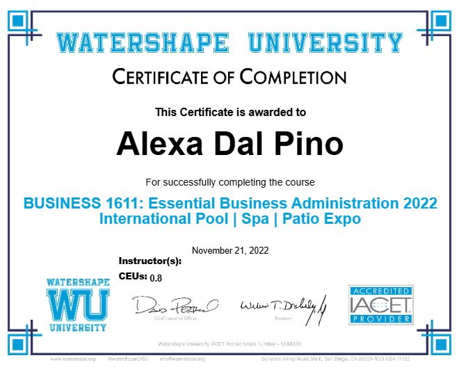 BUSINESS 1611: Essential Business Administration 2022 International Pool | Spa | Patio Expo Certificate