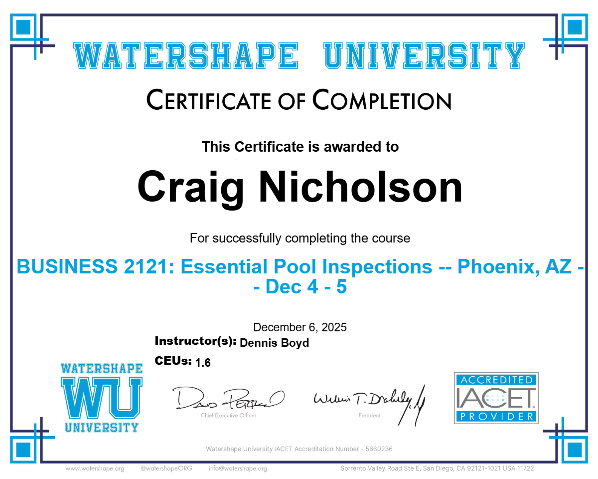 BUSINESS 2121: Essential Pool Inspections -- Phoenix, AZ -- Dec 4 - 5 Certificate