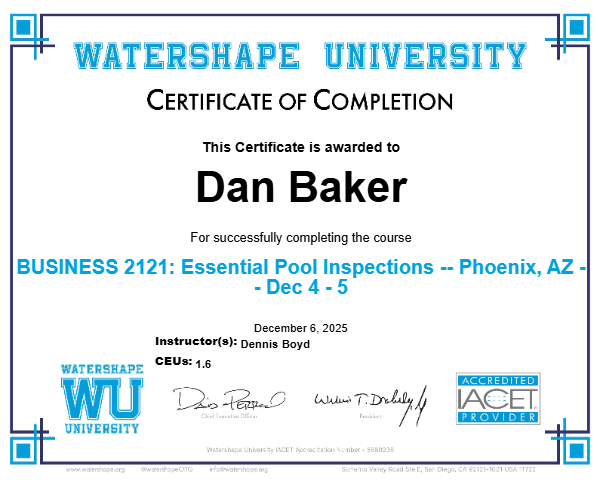 BUSINESS 2121: Essential Pool Inspections -- Phoenix, AZ -- Dec 4 - 5 Certificate