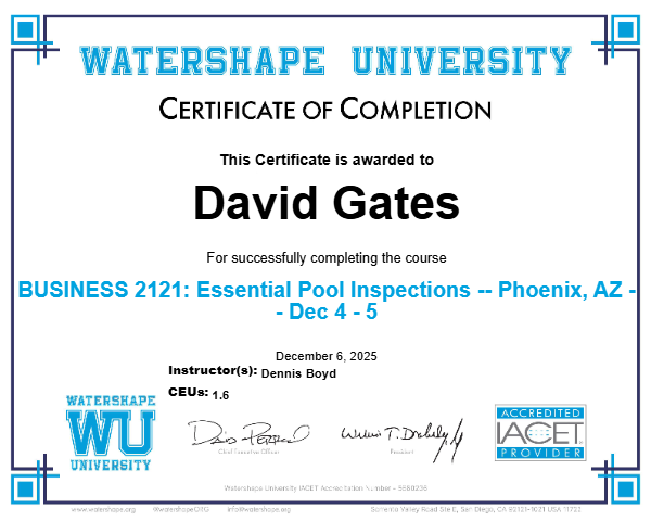 BUSINESS 2121: Essential Pool Inspections -- Phoenix, AZ -- Dec 4 - 5 Certificate