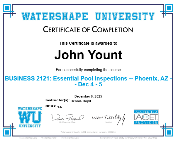 BUSINESS 2121: Essential Pool Inspections -- Phoenix, AZ -- Dec 4 - 5 Certificate