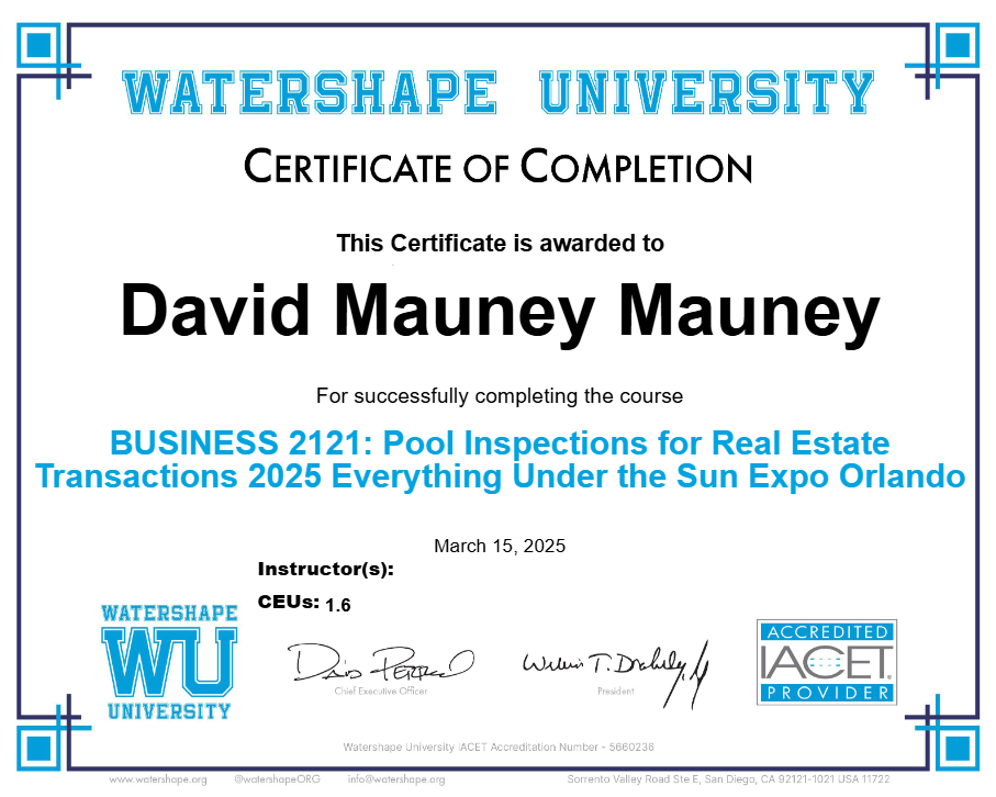 BUSINESS 2121: Pool Inspections for Real Estate Transactions 2025 Everything Under the Sun Expo Orlando Certificate