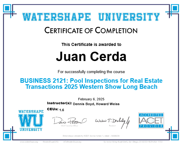 BUSINESS 2121: Pool Inspections for Real Estate Transactions 2025 Western Show Long Beach Certificate