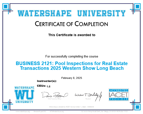 BUSINESS 2121: Pool Inspections for Real Estate Transactions 2025 Western Show Long Beach Certificate