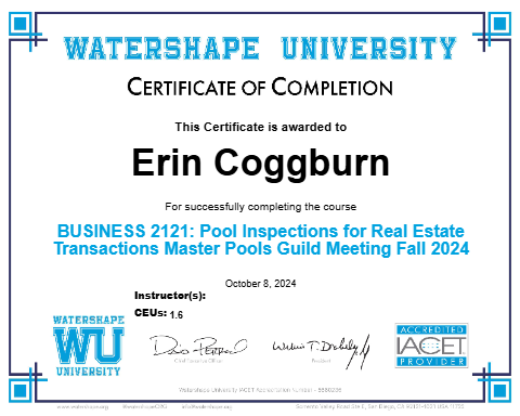 BUSINESS 2121: Pool Inspections for Real Estate Transactions Master Pools Guild Meeting Fall 2024 Certificate