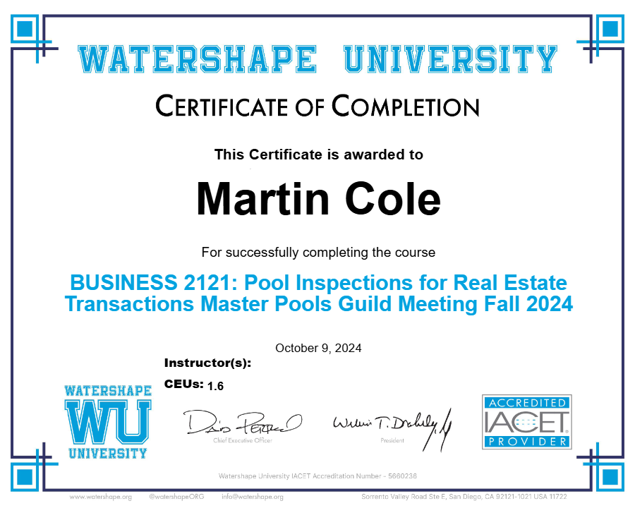 BUSINESS 2121: Pool Inspections for Real Estate Transactions Master Pools Guild Meeting Fall 2024 Certificate