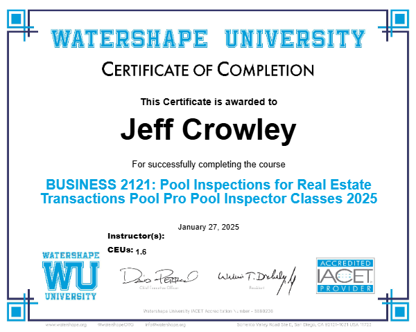 BUSINESS 2121: Pool Inspections for Real Estate Transactions Pool Pro Pool Inspector Classes 2025 Certificate