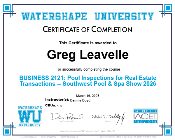 BUSINESS 2121: Pool Inspections for Real Estate Transactions -- Southwest Pool & Spa Show 2026 Certificate