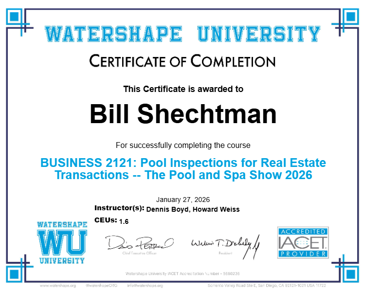 BUSINESS 2121: Pool Inspections for Real Estate Transactions -- The Pool and Spa Show 2026 Certificate