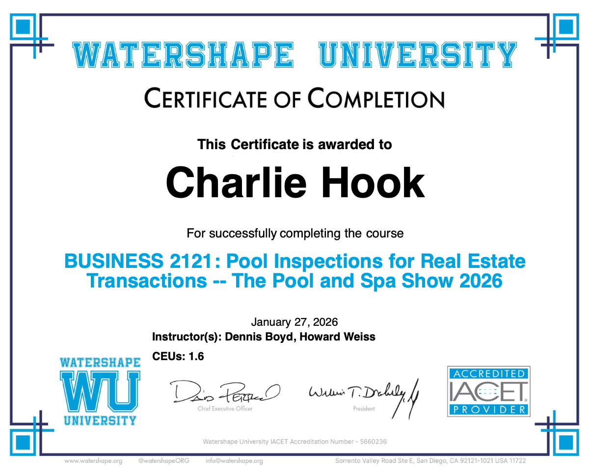 BUSINESS 2121: Pool Inspections for Real Estate Transactions -- The Pool and Spa Show 2026 Certificate