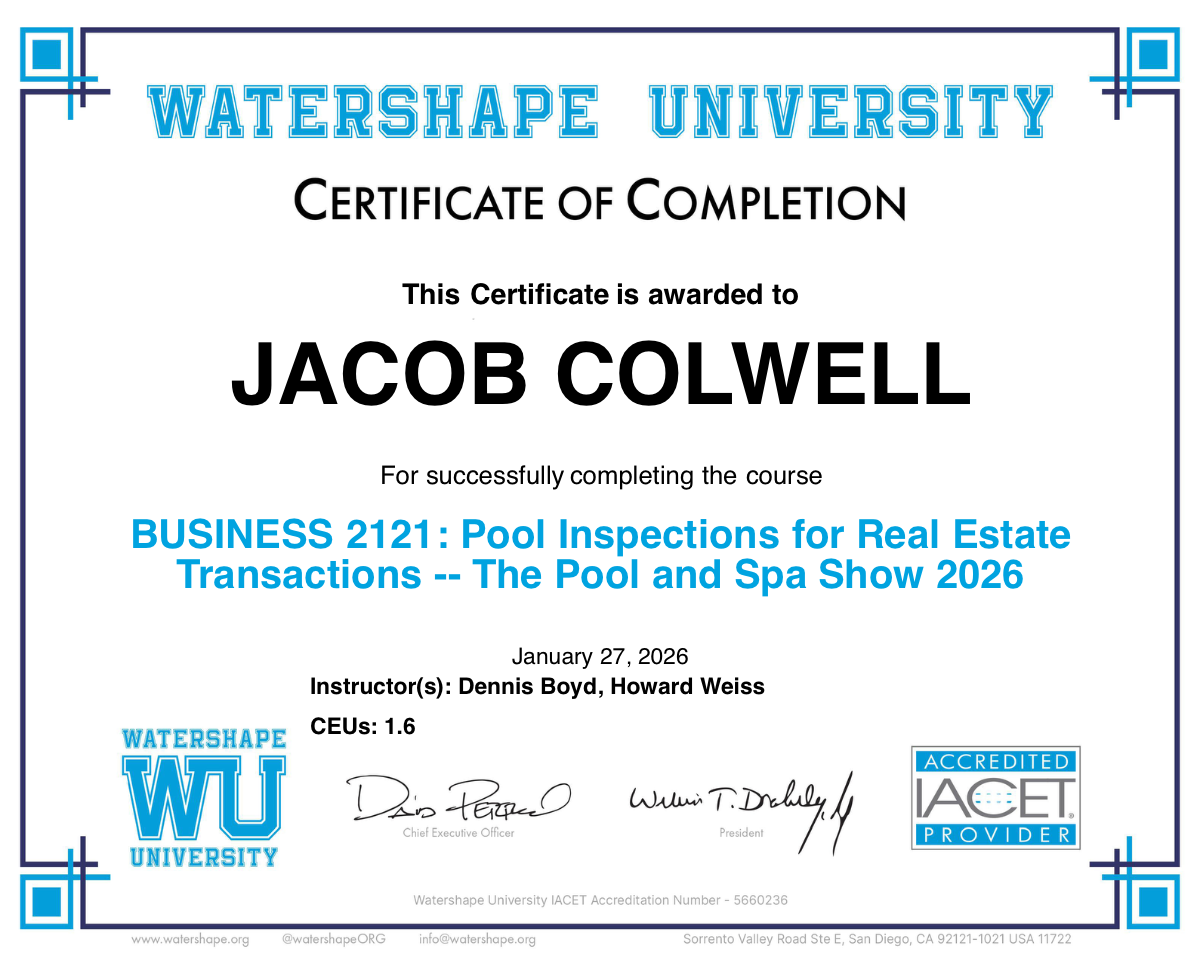 BUSINESS 2121: Pool Inspections for Real Estate Transactions -- The Pool and Spa Show 2026 Certificate