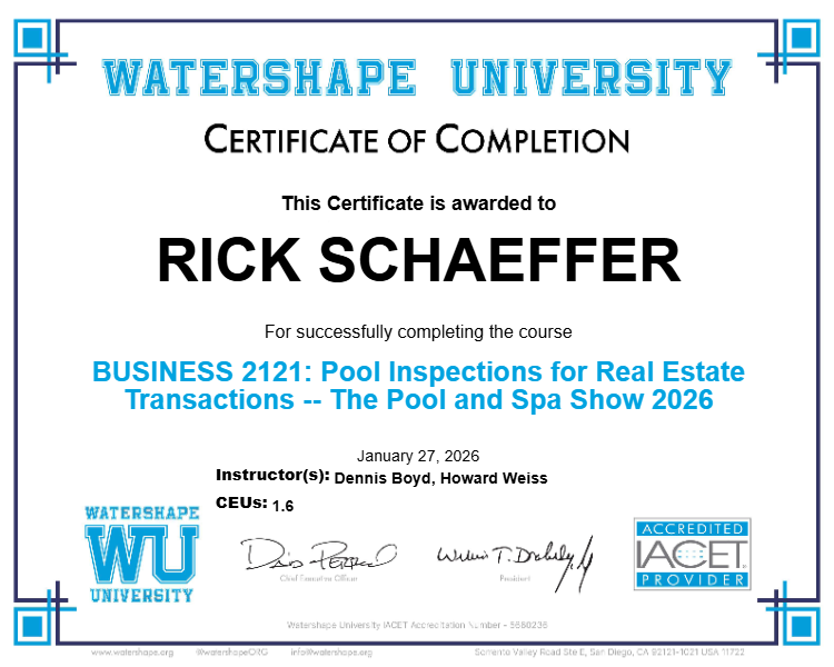 BUSINESS 2121: Pool Inspections for Real Estate Transactions -- The Pool and Spa Show 2026 Certificate