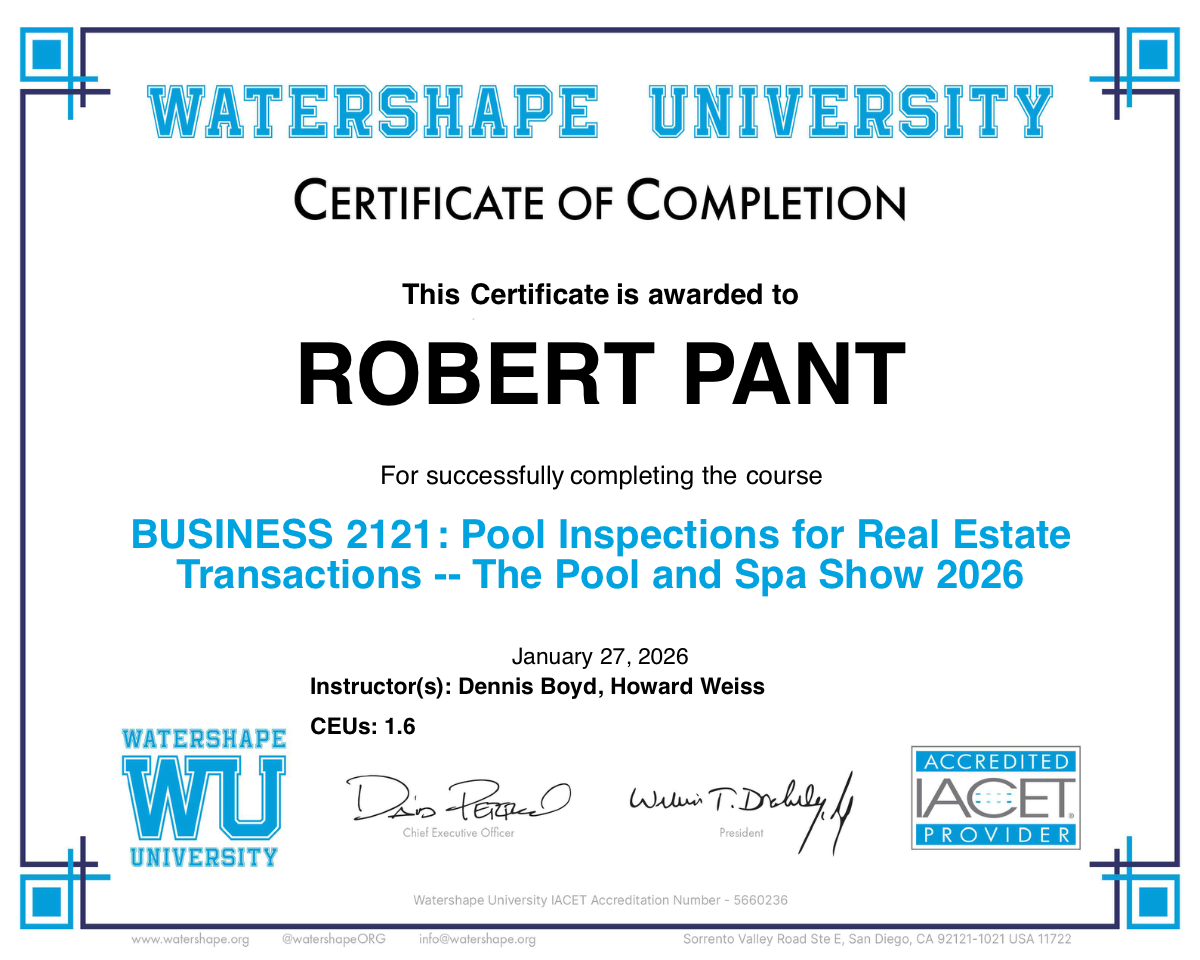 BUSINESS 2121: Pool Inspections for Real Estate Transactions -- The Pool and Spa Show 2026 Certificate