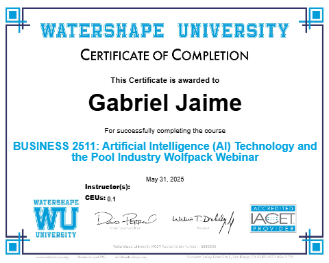 BUSINESS 2511: Artificial Intelligence (AI) Technology and the Pool Industry Wolfpack Webinar Certificate
