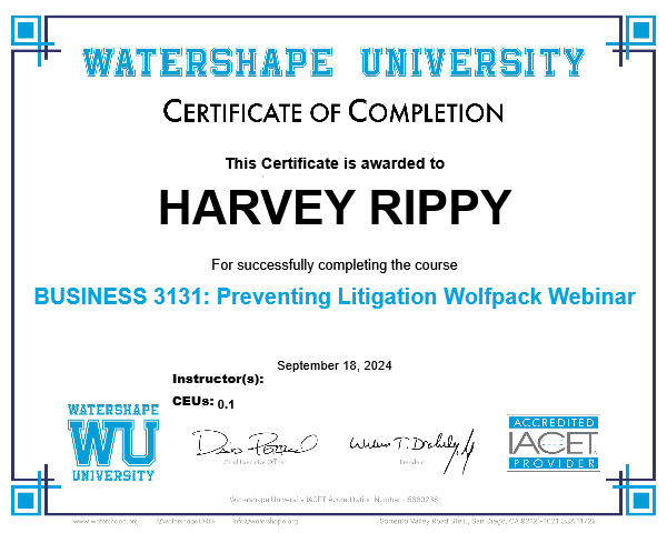 BUSINESS 3131: Preventing Litigation Wolfpack Webinar Certificate