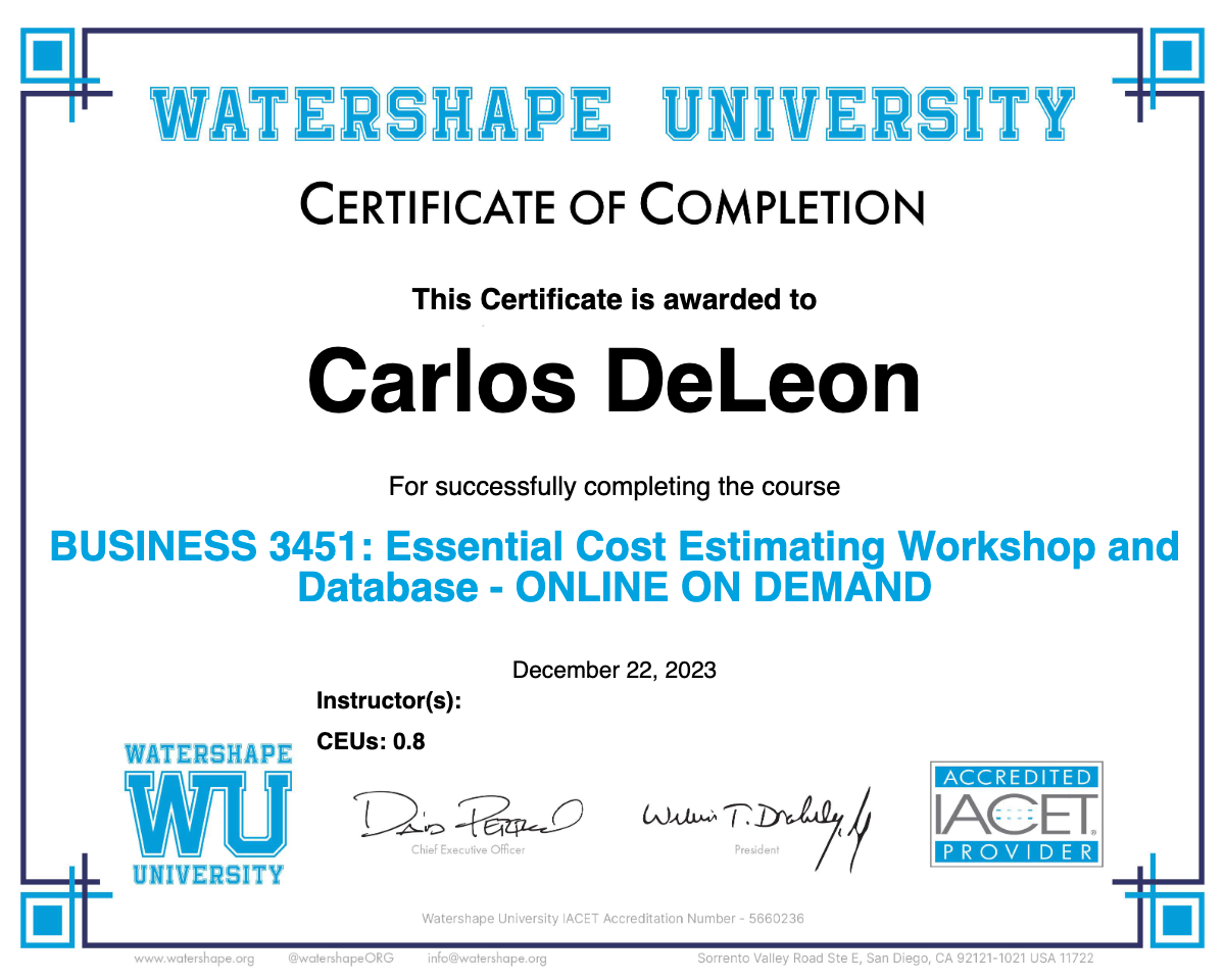 BUSINESS 3451: Essential Cost Estimating Workshop and Database - ONLINE ON DEMAND Certificate