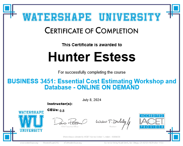 BUSINESS 3451: Essential Cost Estimating Workshop and Database - ONLINE ON DEMAND Certificate