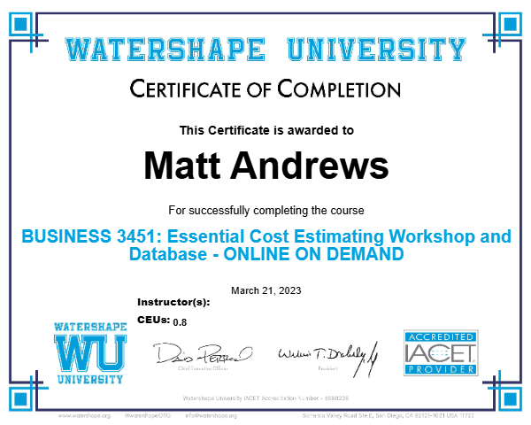 BUSINESS 3451: Essential Cost Estimating Workshop and Database - ONLINE ON DEMAND Certificate