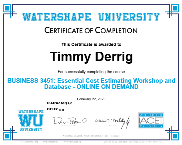 BUSINESS 3451: Essential Cost Estimating Workshop and Database - ONLINE ON DEMAND Certificate