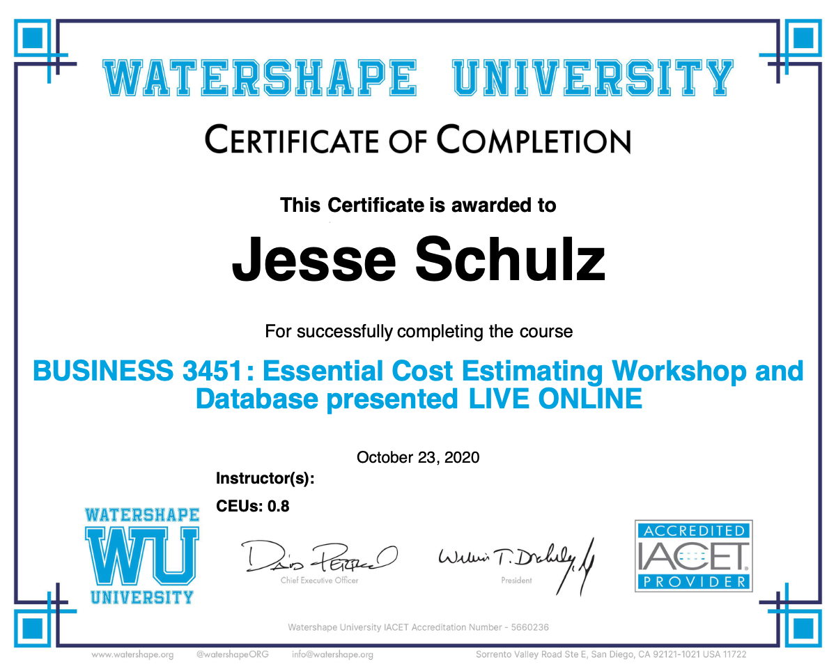 BUSINESS 3451: Essential Cost Estimating Workshop and Database presented LIVE ONLINE Certificate