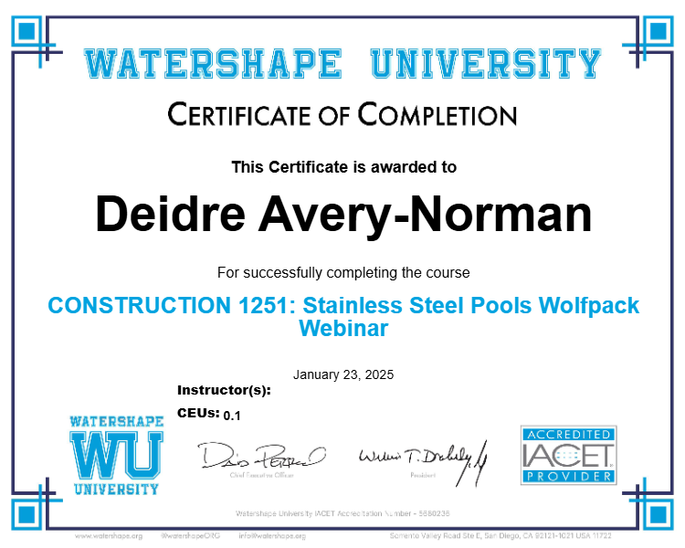 CONSTRUCTION 1251: Stainless Steel Pools Wolfpack Webinar Certificate