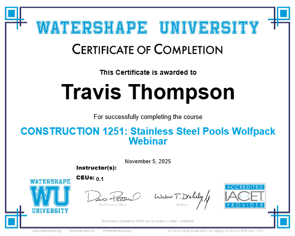 CONSTRUCTION 1251: Stainless Steel Pools Wolfpack Webinar Certificate
