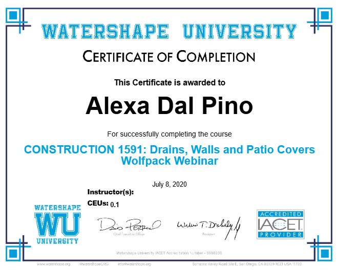 CONSTRUCTION 1591: Drains, Walls and Patio Covers Wolfpack Webinar Certificate