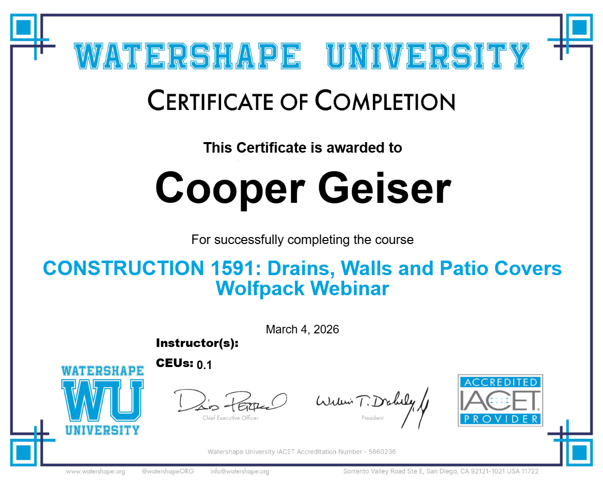 CONSTRUCTION 1591: Drains, Walls and Patio Covers Wolfpack Webinar Certificate
