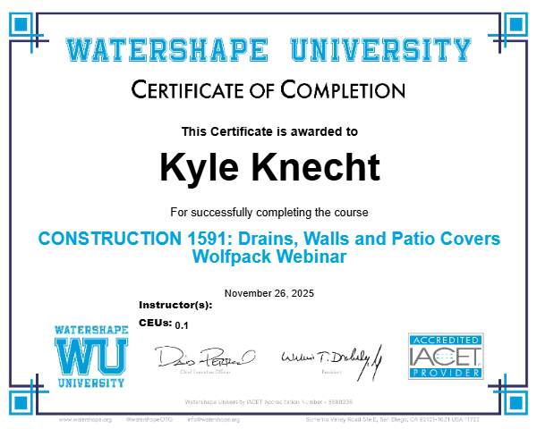 CONSTRUCTION 1591: Drains, Walls and Patio Covers Wolfpack Webinar Certificate