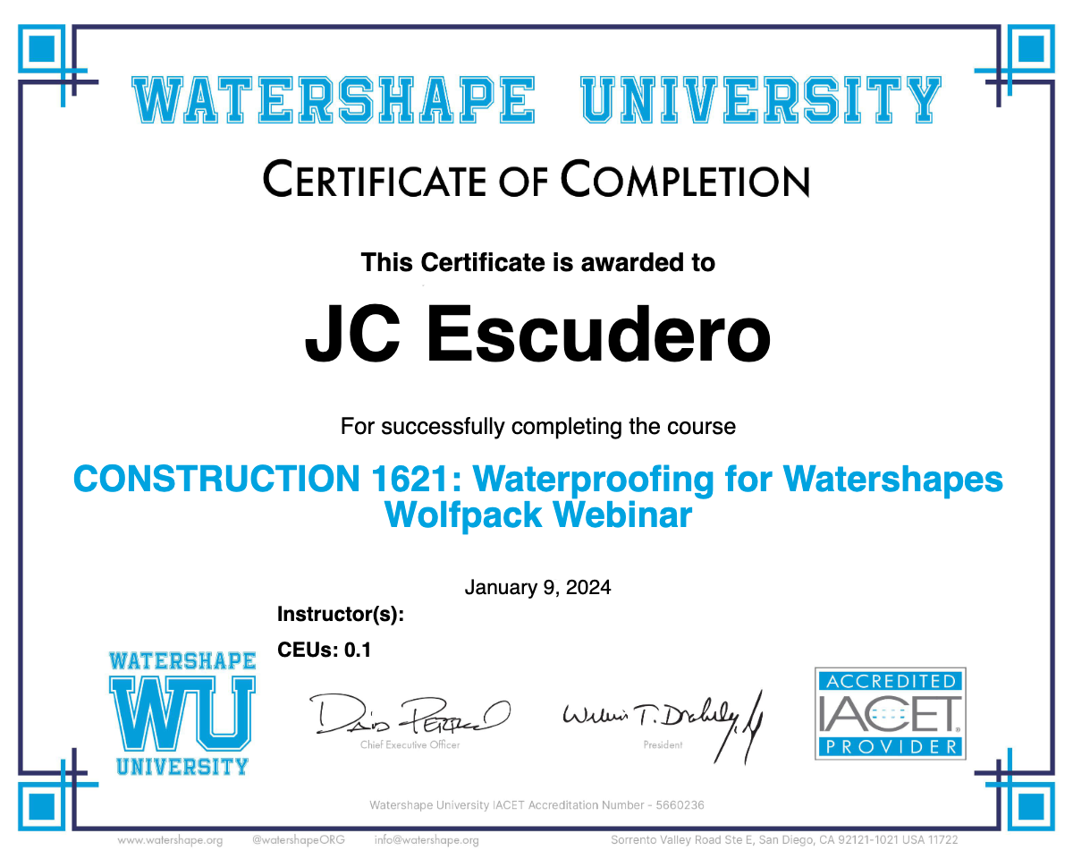 CONSTRUCTION 1621: Waterproofing for Watershapes Wolfpack Webinar Certificate
