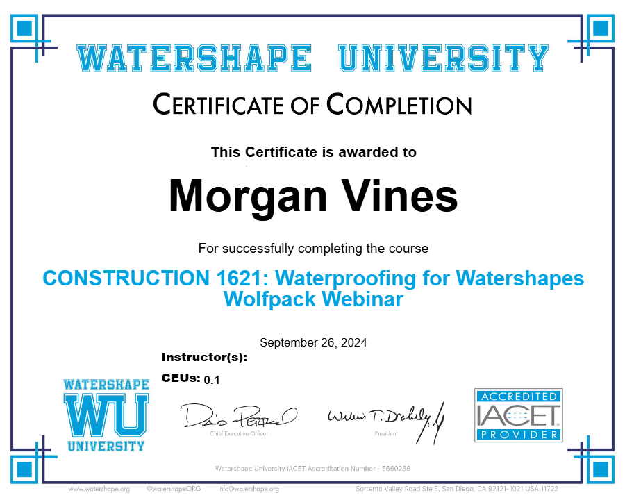 CONSTRUCTION 1621: Waterproofing for Watershapes Wolfpack Webinar Certificate