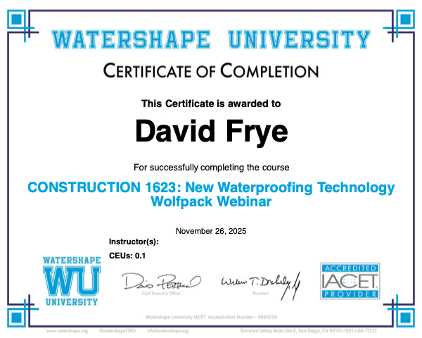 CONSTRUCTION 1623: New Waterproofing Technology Wolfpack Webinar Certificate