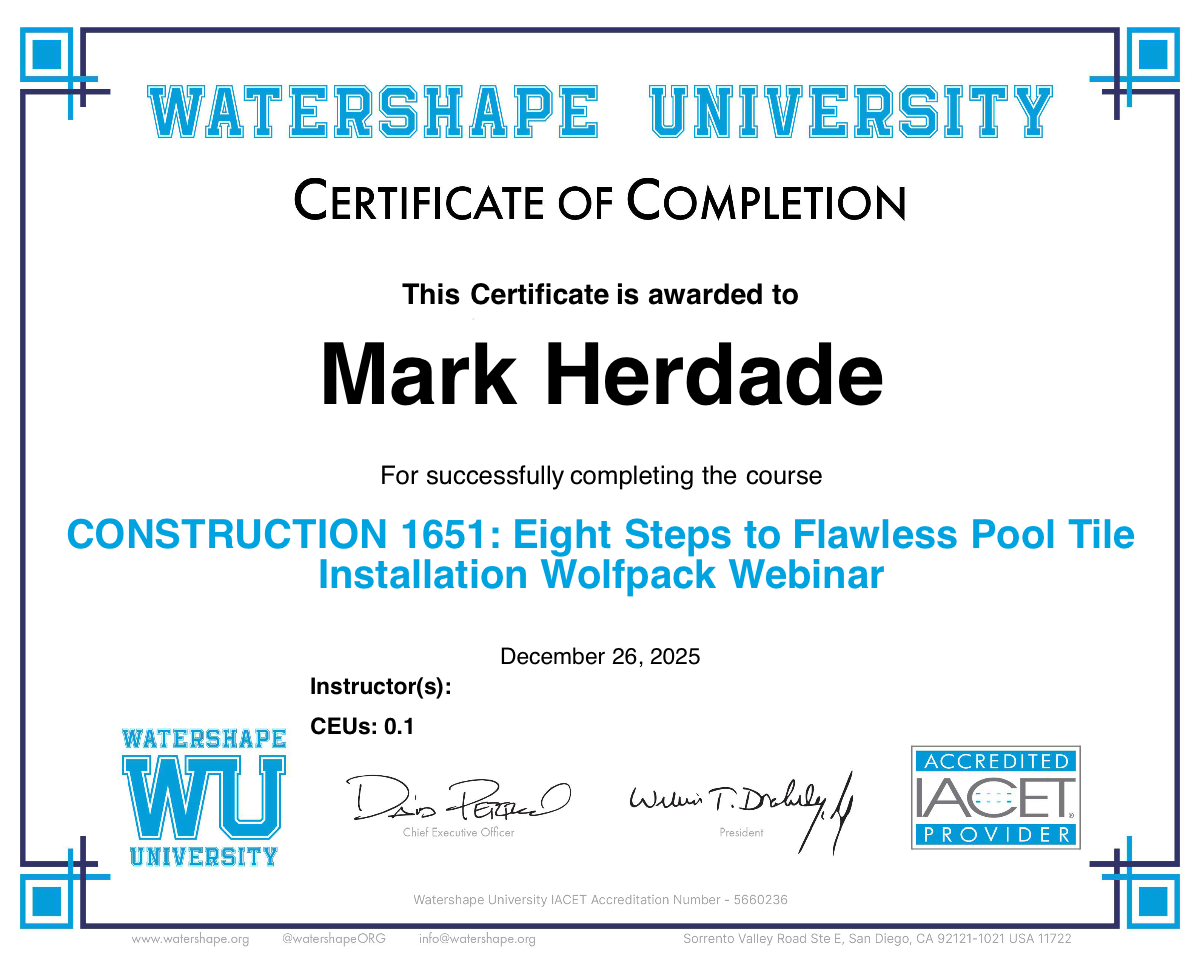 CONSTRUCTION 1651: Eight Steps to Flawless Pool Tile Installation Wolfpack Webinar Certificate