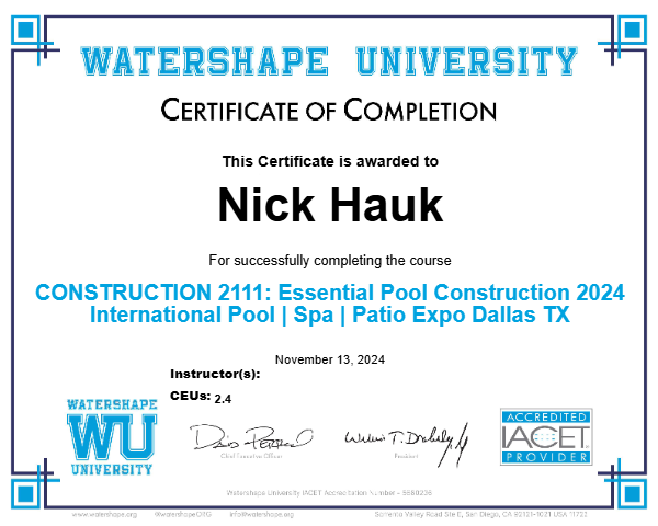CONSTRUCTION 2111: Essential Pool Construction 2024 International Pool | Spa | Patio Expo Dallas TX Certificate