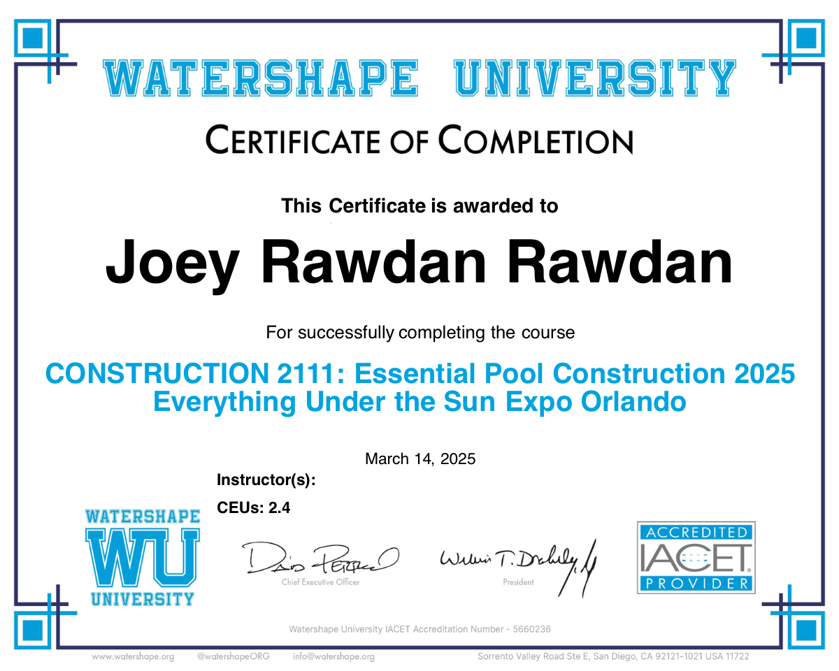 CONSTRUCTION 2111: Essential Pool Construction 2025 Everything Under the Sun Expo Orlando Certificate