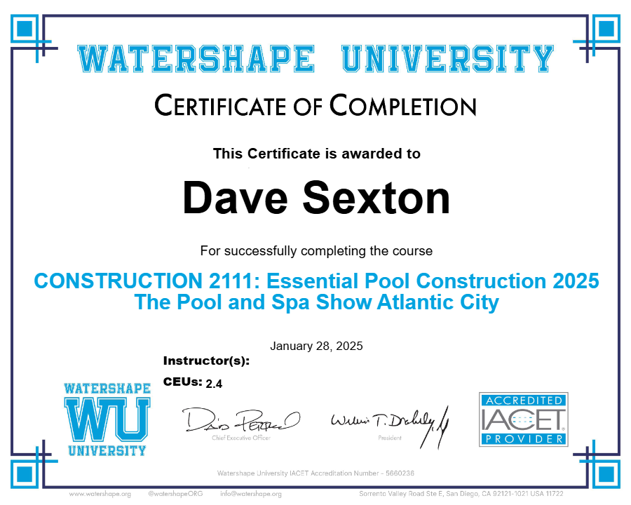 CONSTRUCTION 2111: Essential Pool Construction 2025 The Pool and Spa Show Atlantic City Certificate