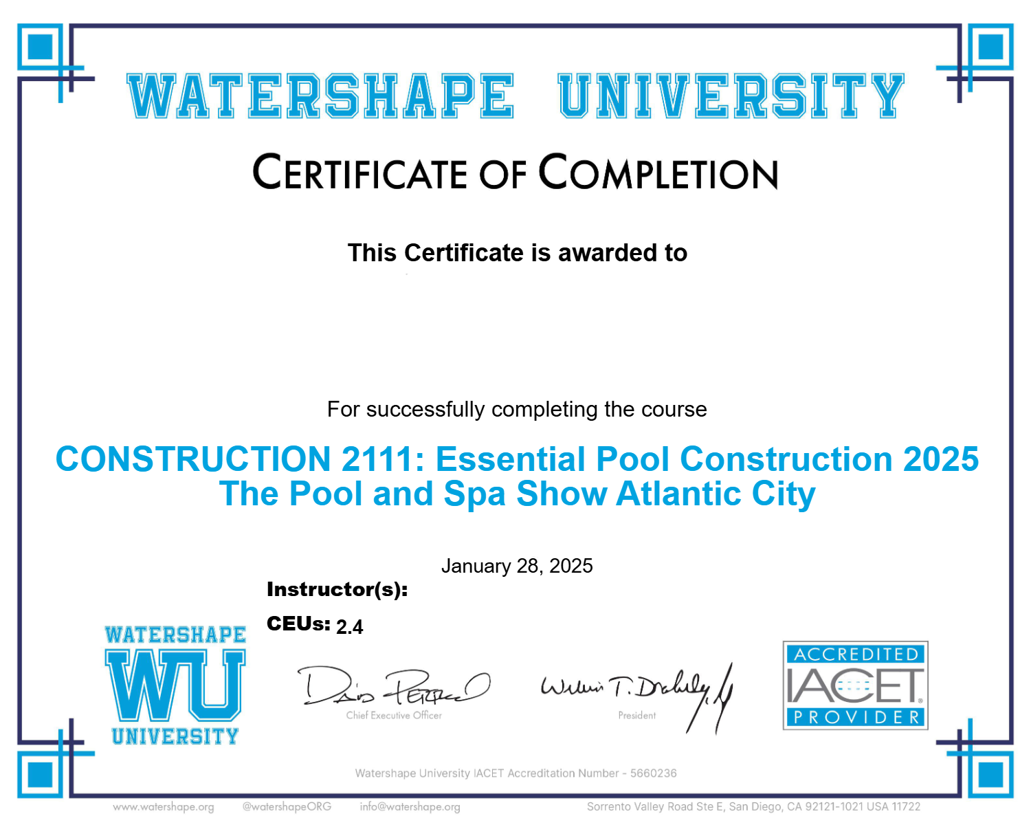 CONSTRUCTION 2111: Essential Pool Construction 2025 The Pool and Spa Show Atlantic City Certificate