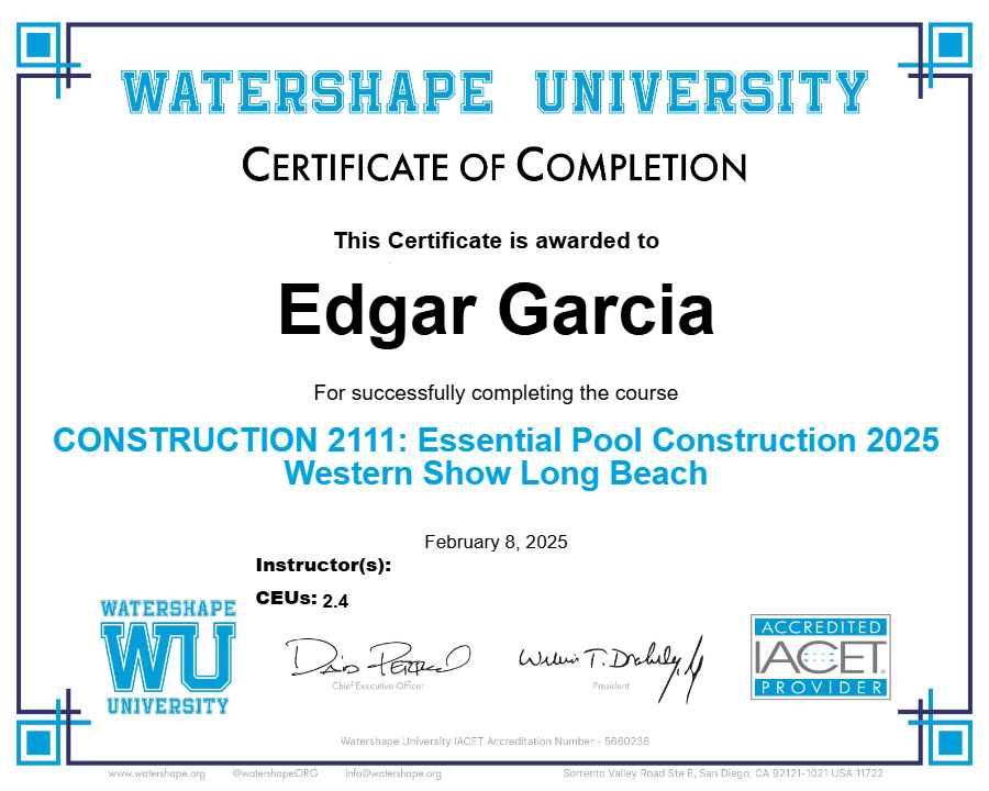 CONSTRUCTION 2111: Essential Pool Construction 2025 Western Show Long Beach Certificate