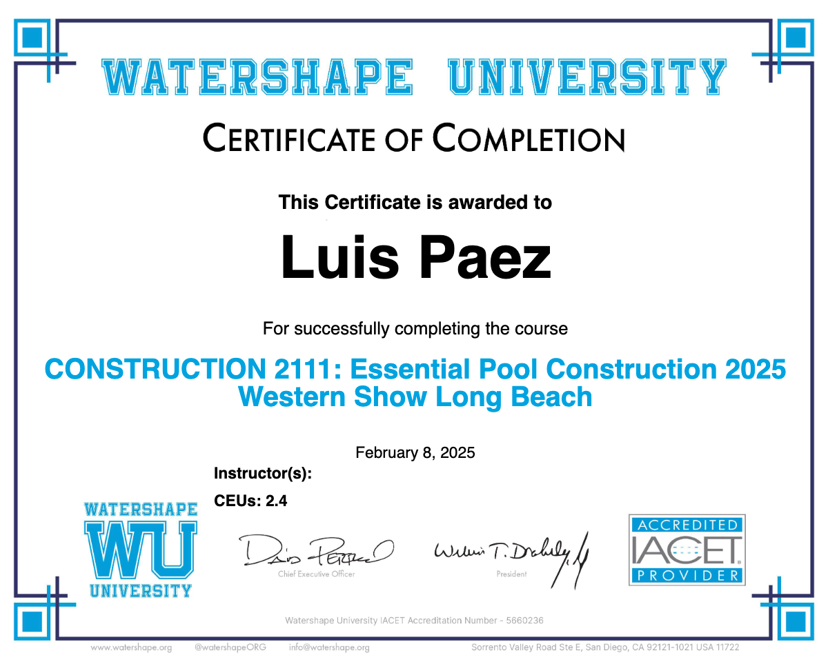 CONSTRUCTION 2111: Essential Pool Construction 2025 Western Show Long Beach Certificate