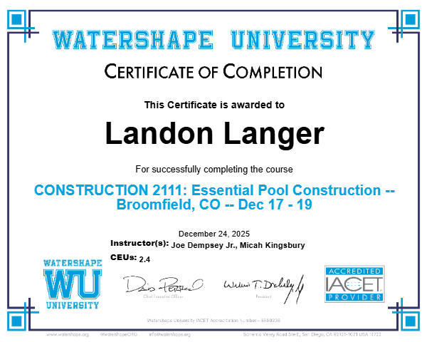 CONSTRUCTION 2111: Essential Pool Construction -- Broomfield, CO -- Dec 17 - 19 Certificate