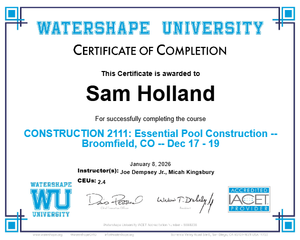 CONSTRUCTION 2111: Essential Pool Construction -- Broomfield, CO -- Dec 17 - 19 Certificate