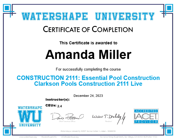 CONSTRUCTION 2111: Essential Pool Construction Clarkson Pools Construction 2111 Live Certificate