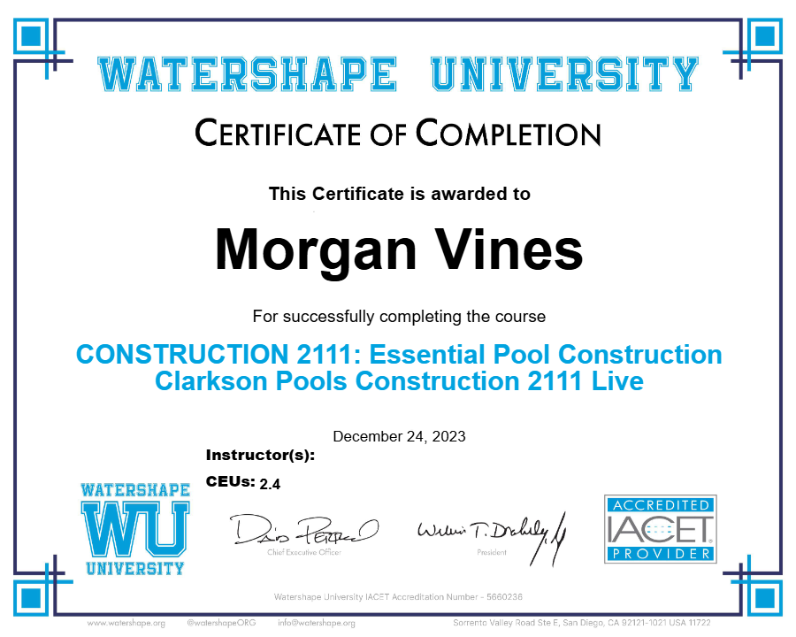 CONSTRUCTION 2111: Essential Pool Construction Clarkson Pools Construction 2111 Live Certificate