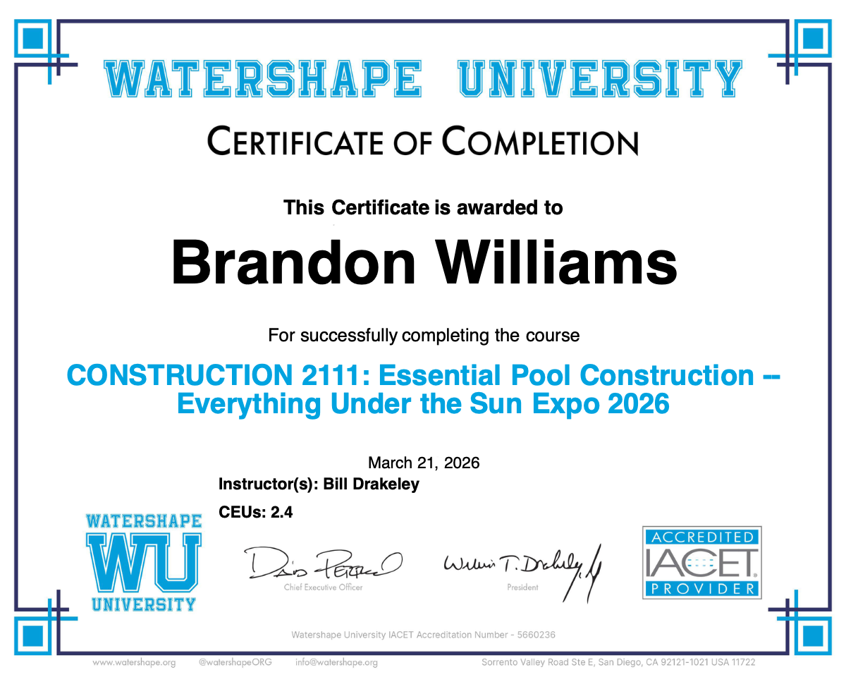 CONSTRUCTION 2111: Essential Pool Construction -- Everything Under the Sun Expo 2026 Certificate