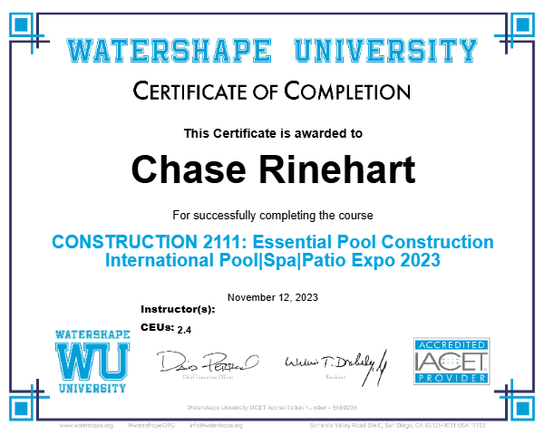 CONSTRUCTION 2111: Essential Pool Construction International Pool|Spa|Patio Expo 2023 Certificate