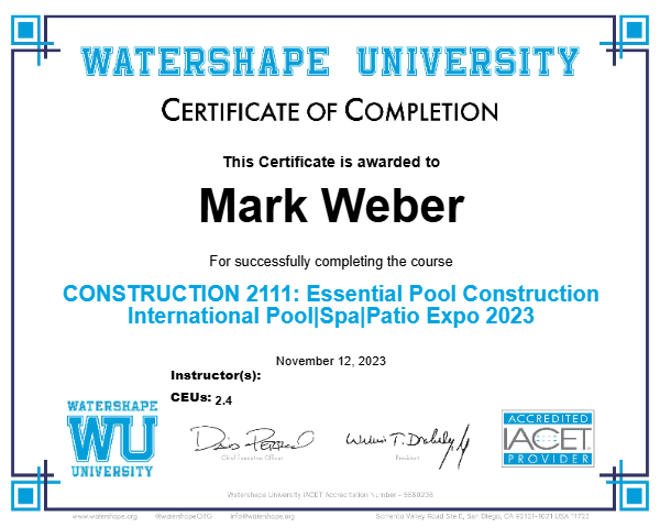 CONSTRUCTION 2111: Essential Pool Construction International Pool|Spa|Patio Expo 2023 Certificate