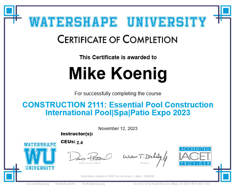 CONSTRUCTION 2111: Essential Pool Construction International Pool|Spa|Patio Expo 2023 Certificate