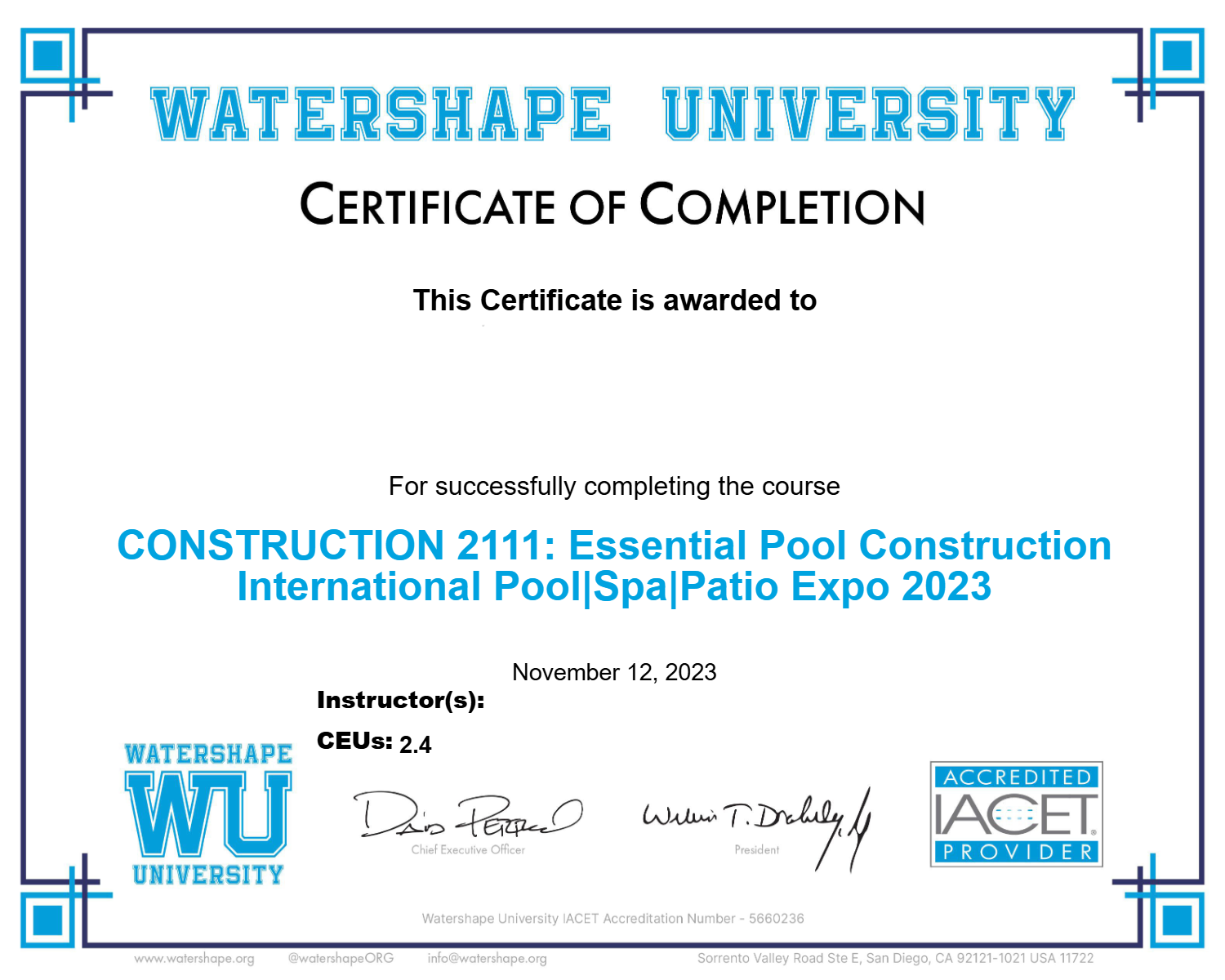 CONSTRUCTION 2111: Essential Pool Construction International Pool|Spa|Patio Expo 2023 Certificate